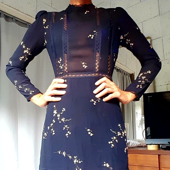 REFORMATION long sleeve black floral short midi fit and flare dress size2 - Picture 2 of 13